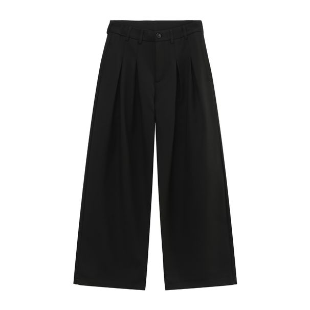 Nirben Men's Classic Wide Leg Straight Pants Solid Color Double Pleats a Line Loose Fit Versatile Casual Trousers_viptrois.com
