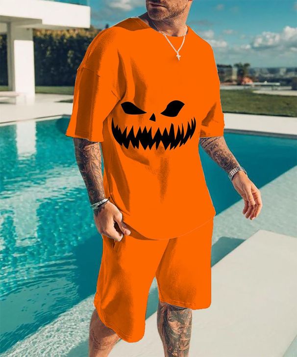 Men's Clothing 3D Printing Simple Halloween Printing Creative Casual Loose T-shirt Shorts Men's Suit_viptrois.com