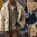 Men's Fleece Hooded Jacket – Streetwear Essential, Windproof Polyester Blend With Zip Pockets (S-XXXL, Beige/Khaki/Black)_viptrois.com