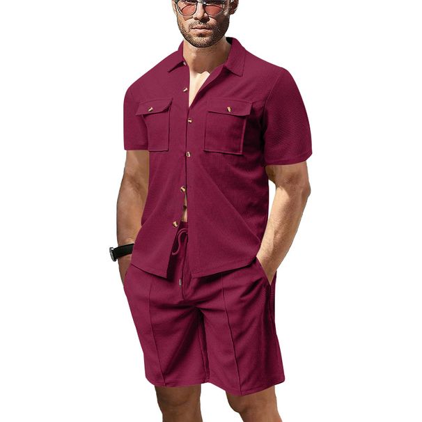 Men's Clothing Waffle Knit Short Sleeve Shirt With Pocket - Casual Button Down Collar Top In Solid Colors (Black, White, Gray, Khaki, Burgundy)_viptrois.com