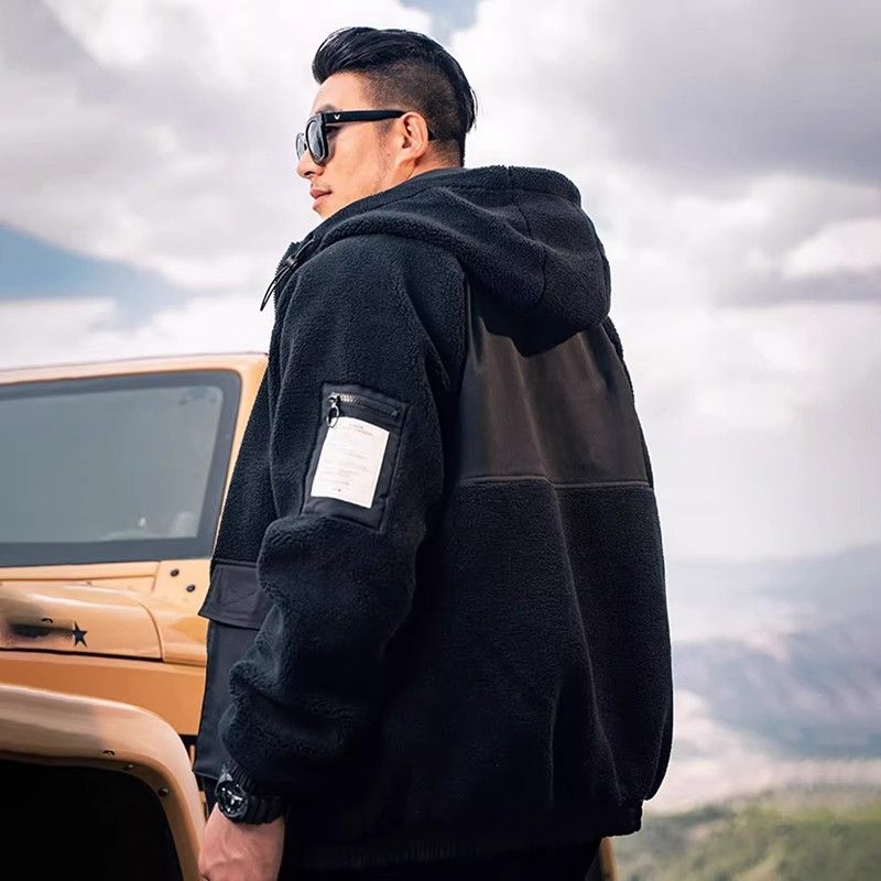 Large Size Lamb Wool Jacket Men's Autumn Brand Fat Man Fattened And Enlarged Loose Casual Fleece Hooded Jacket_viptrois.com