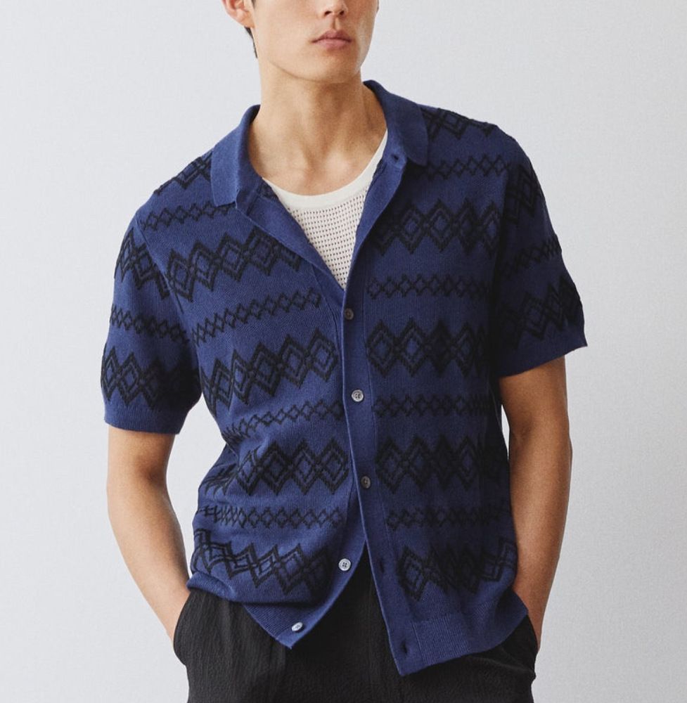 Men's New Jacquard Business Polo Shirt Knitted Short Sleeved Cardigan_viptrois.com