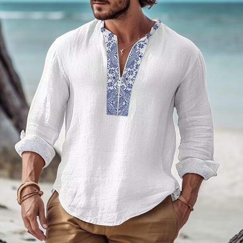 Men's Clothing Men's Fashion Printed Casual Long Sleeved Stand Up Collar Shirt_viptrois.com