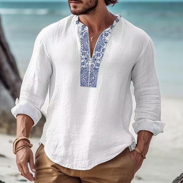 Men's Clothing Men's Fashion Printed Casual Long Sleeved Stand Up Collar Shirt_viptrois.com