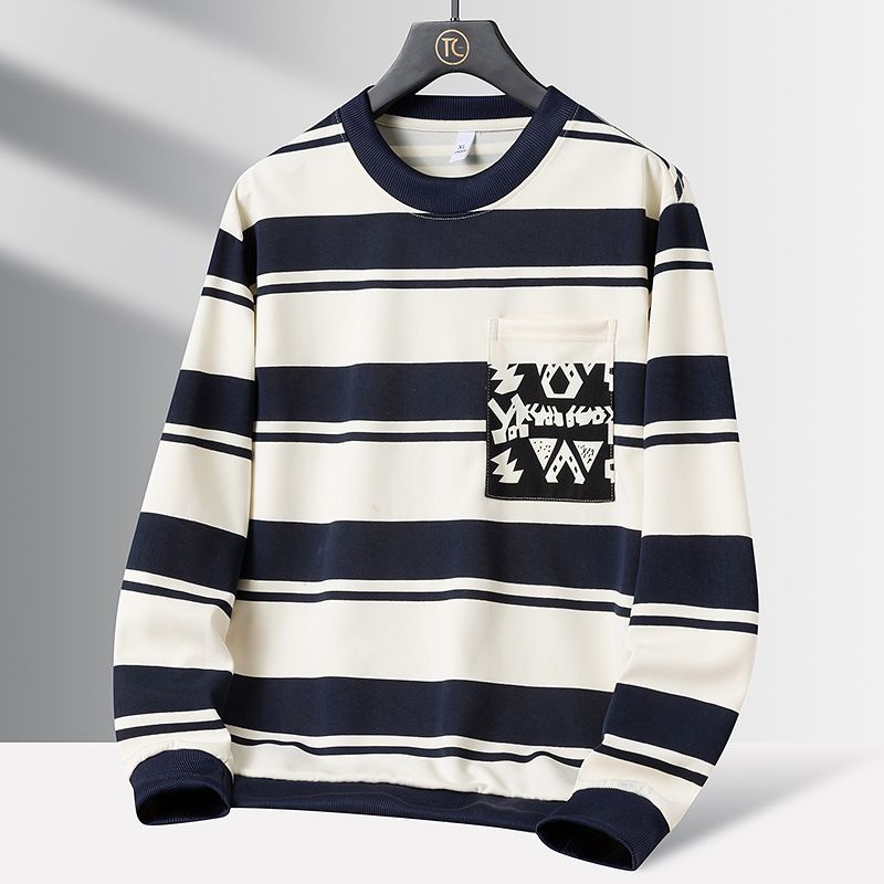Men’s Streetwear Pocket Sweatshirt – Oversized Fit, Stripe & Logo Print, Lightweight Polyester (Olive/Deep Blue/Caramel, M-5XL)_viptrois.com