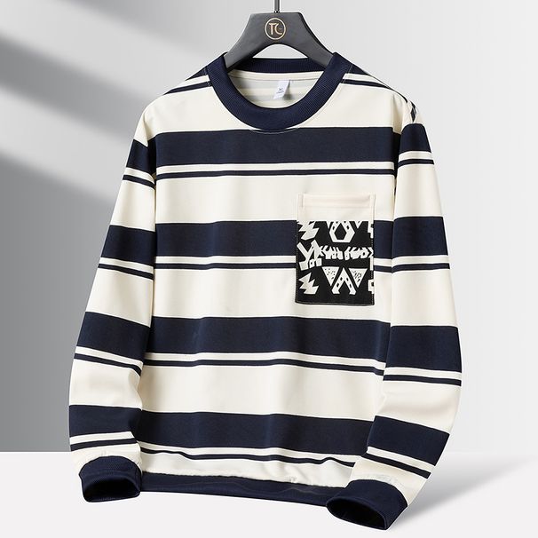 Men’s Streetwear Pocket Sweatshirt – Oversized Fit, Stripe & Logo Print, Lightweight Polyester (Olive/Deep Blue/Caramel, M-5XL)_viptrois.com