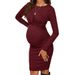 Maternity Dress Round Neck Long Sleeve Knitted Slim Fit Maternity Dress Solid Color Short Maternity Dress_viptrois.com
