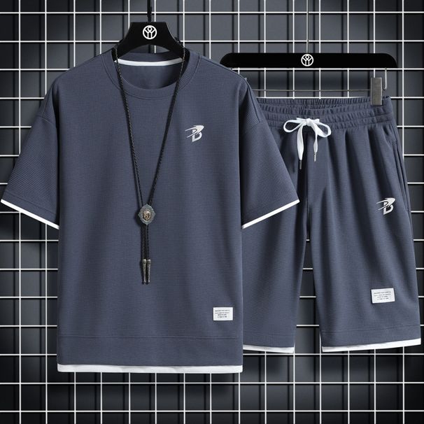 Men's Clothing Waffle Sportswear Casual Suit For Men With Letter B Print, Loose Fitting Faux Two Piece Short Sleeved Shirt And Shorts_viptrois.com