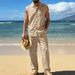 Men's Linen Hawaiian Tank Top & Loose Fit Beach Pants Set | Breathable Summer Outfit For Vacation Resort Wear_viptrois.com