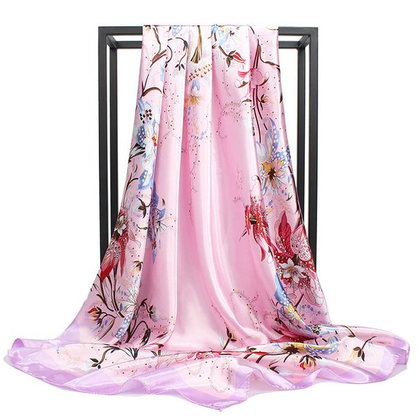 Spring And Autumn Women's Versatile Square Rose Flower Pattern Printed Satin Scar Travel Sun Protection Muslim_viptrois.com