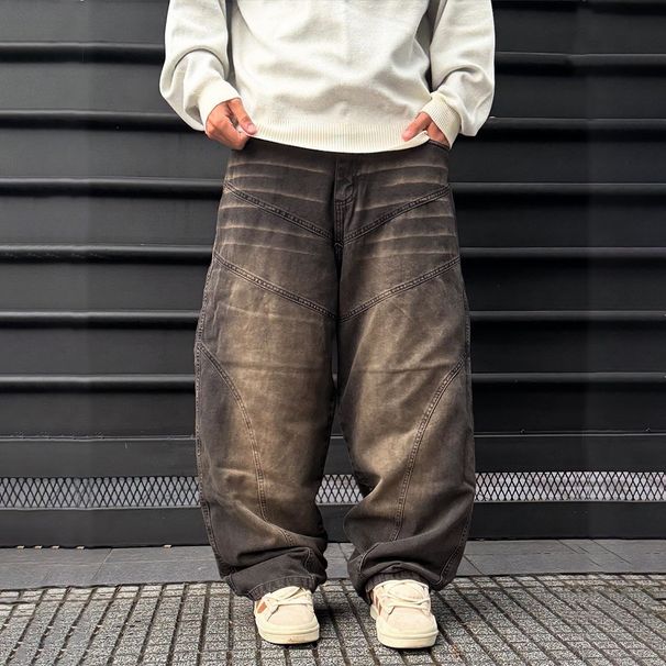 European And American Style Street Fashion Washed Retro Loose Men's Jeans Trendy Brand Wide-Leg Pants_viptrois.com