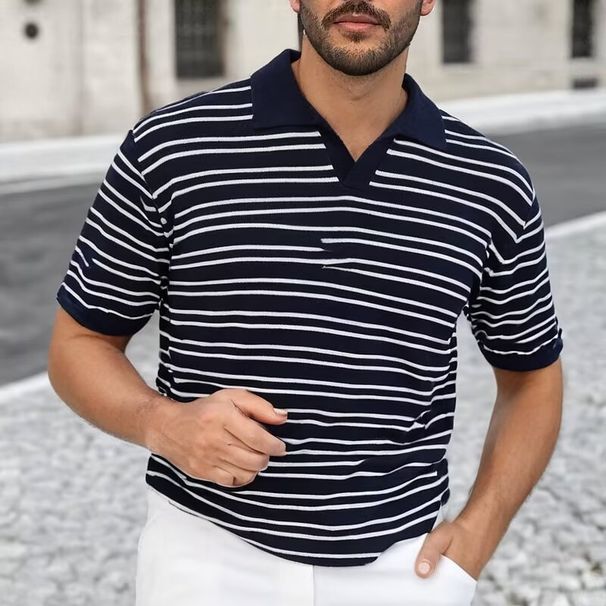 Men's Clothing Summer Thin British Lapel T Shirt Striped Knitted Short Sleeved Korean Version Of All Match Casual POLO Shirt Trend_viptrois.com