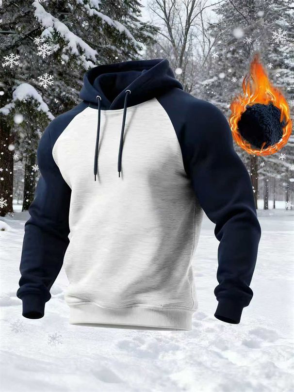 Men's Retro American Style Pullover Hoodie With Color Block Design, Fleece Lined, Relaxed Fit, Long Sleeve, Zipper Front, Casual Streetwear For Winter_viptrois.com