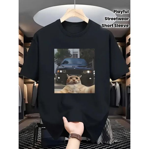 Hombre Patrón Luz Tráfico Selfie Camiseta Algodón Negra Manga Corta, Diseño Gato Con Manchas Amarillo Jengibre Uso_viptrois.com
