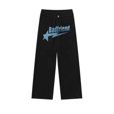 Men's Clothing style letter printed jeans men's high street fashion trend loose straight casual trousers trend_viptrois.com