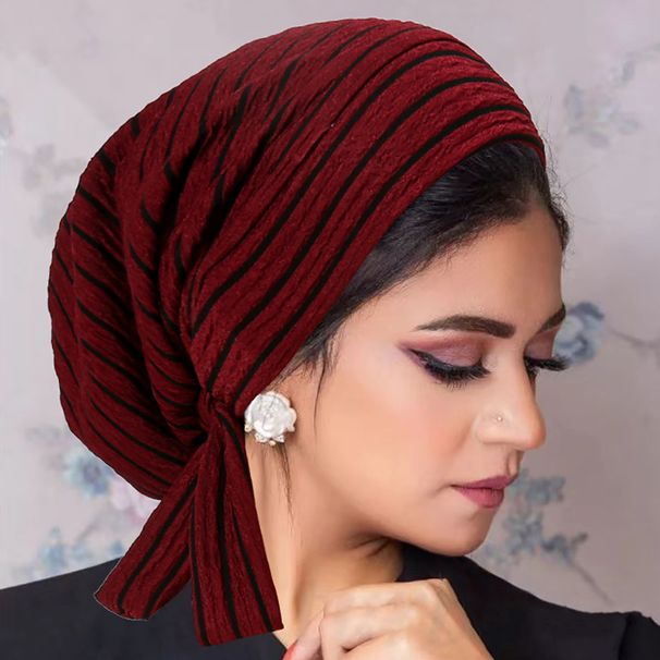 striped long tailed bandage headscarf hat chemotherapy cap wavy pattern ladies hat_viptrois.com