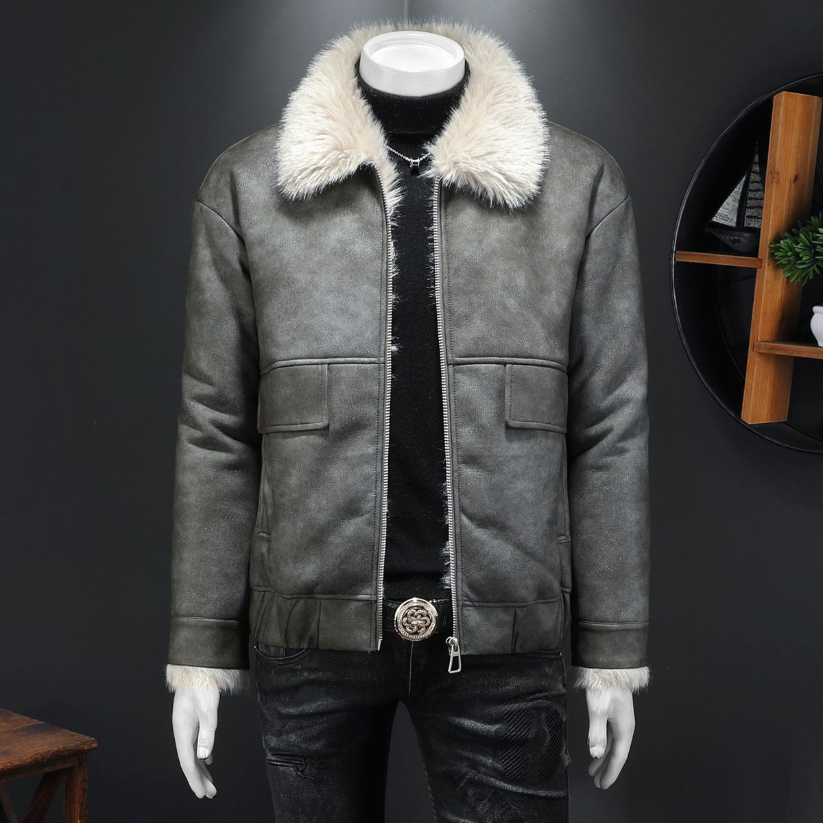Winter New Men's Fur Integrated Fleece Thickened Coat Slim Fashion Warm Coat_viptrois.com