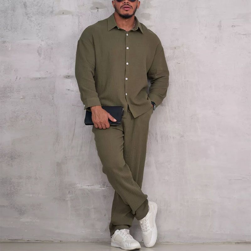 Men's Summer Casual Suit Set – Lightweight Poly-Cotton Blend, Long Sleeve Shirt & Relaxed Pants (S-XXXL, Navy/White/Black/Olive/Gray)_viptrois.com