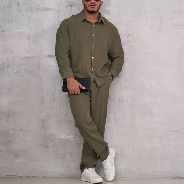 Men's Summer Casual Suit Set – Lightweight Poly-Cotton Blend, Long Sleeve Shirt & Relaxed Pants (S-XXXL, Navy/White/Black/Olive/Gray)_viptrois.com