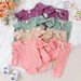 Baby clothing solid color casual pit strip long sleeve small flying sleeve one-piece harshirt trousers three-piece bow headscarf_viptrois.com