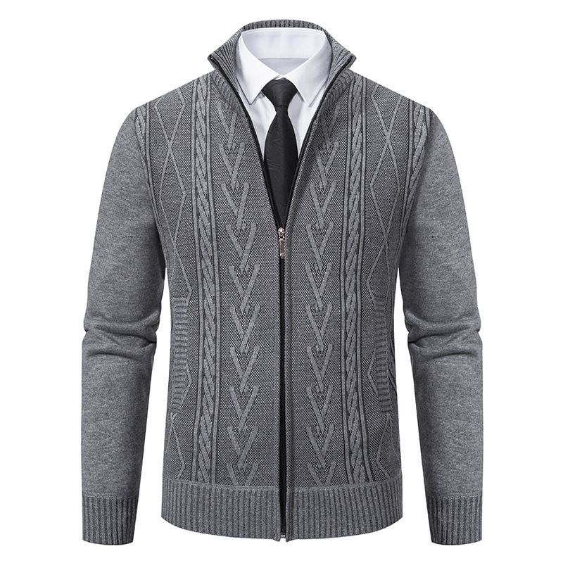 Men's Clothing Men's Fleece-Lined Stand Collar Cardigan - Winter Knit Jacket (Beige/Light Grey/Dark Grey, M-3XL)_viptrois.com