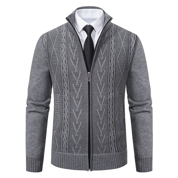 Men's Clothing Men's Fleece-Lined Stand Collar Cardigan - Winter Knit Jacket (Beige/Light Grey/Dark Grey, M-3XL)_viptrois.com