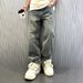 Men's Clothing Print High Street Fashion Brand Ins Design Jeans Loose Straight Washed Wide Leg Long Pants_viptrois.com