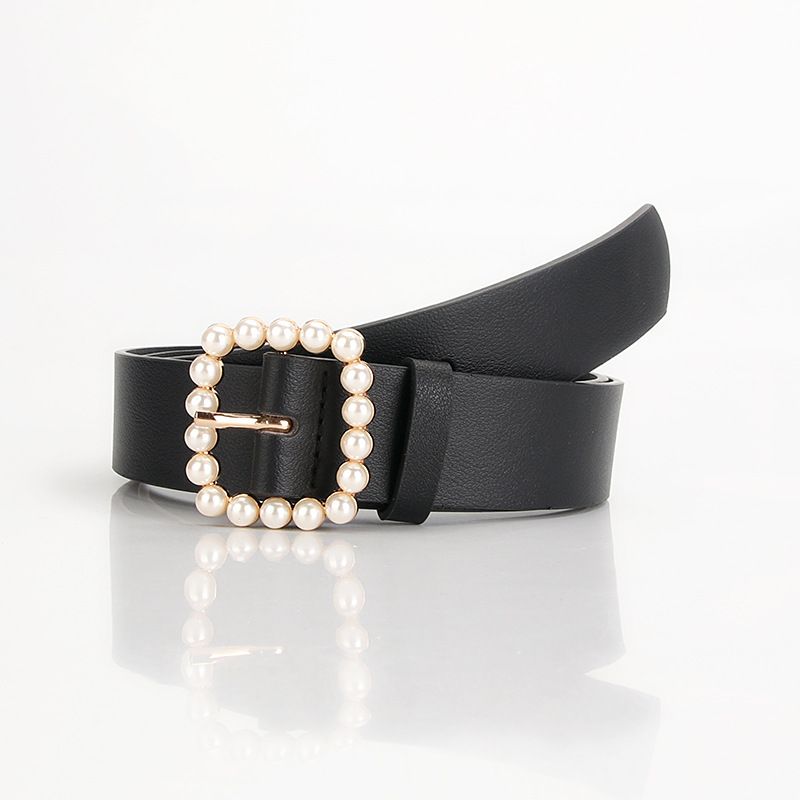 Women's pearl belt belt square buckle point pearl sweet and elegant dress decorative belt_viptrois.com