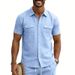 Men's Linen Blend Short Sleeve Shirt, Casual Multi-Pocket Camp Collar Shirt For Summer Outdoor Travel_viptrois.com
