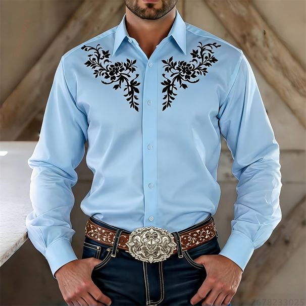 Camisa De Manga Larga Con Estampado Floral Estilo Vaquero Occidental Para Hombre, Nueva Colección 2026, Corte Entallado, Casual, Tallas XS-6XL_viptrois.com