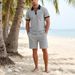 Men's Summer Waffle Collar Polo Short Sleeve Set Casual Beach Vacation Shorts Outfit_viptrois.com