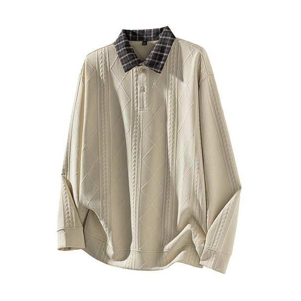 Men's Jacquard Textured Collar Polo Sweatshirt – Loose Fit Knit Pullover With -Style Collar Design_viptrois.com