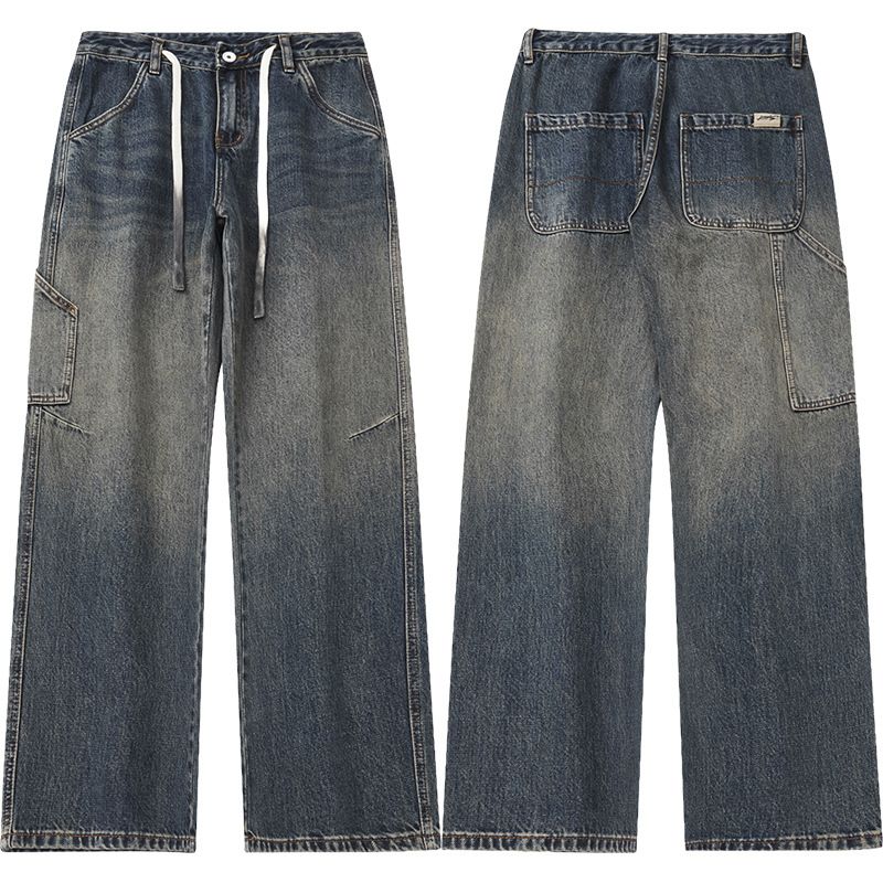 Men's Clothing & Archer0603 & Japanese Style Trendy Cargo Pants Straight Leg Wide Leg Jeans Men's Logging Pants Patchwork Drawstring Style Pants_viptrois.com
