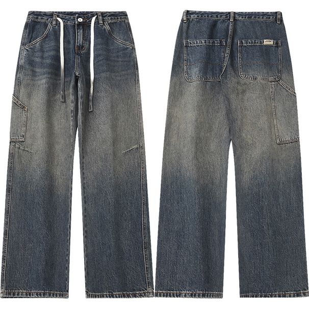 Men's Clothing & Archer0603 & Japanese Style Trendy Cargo Pants Straight Leg Wide Leg Jeans Men's Logging Pants Patchwork Drawstring Style Pants_viptrois.com