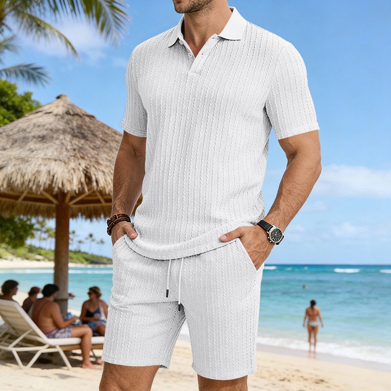 Breathable Stretch Men's Polo Shirt & Shorts Set, Summer Casual Textured Jacquard Knit Outfit For Daily Wear_viptrois.com
