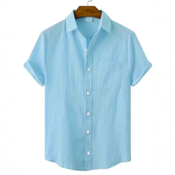 Men's Clothing Short Sleeved Lapel Pocket Cardigan Shirt Solid Color Cotton And Linen Casual Short Sleeved Shirt_viptrois.com