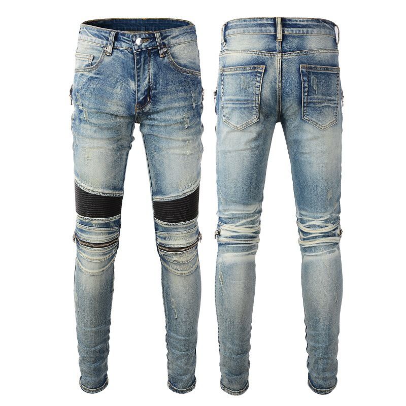 Men's Clothing Pants Cycling Jeans Men's High Street Motorcycle Zipper Hole Stitching Men's Pants 606_viptrois.com