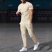 Men's Autumn Knit Jacquard Short Sleeve Round Neck T-Shirt & Pants Casual Set - Solid Color Cable Design_viptrois.com