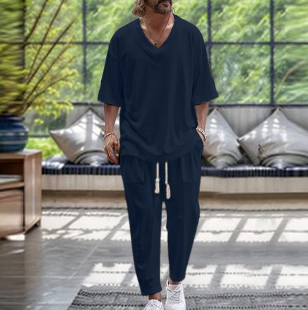 Men's Clothing Spring And Autumn Men's Cotton And Linen V Neck T Shirt Casual Short Sleeved Trousers Beach Suit_viptrois.com