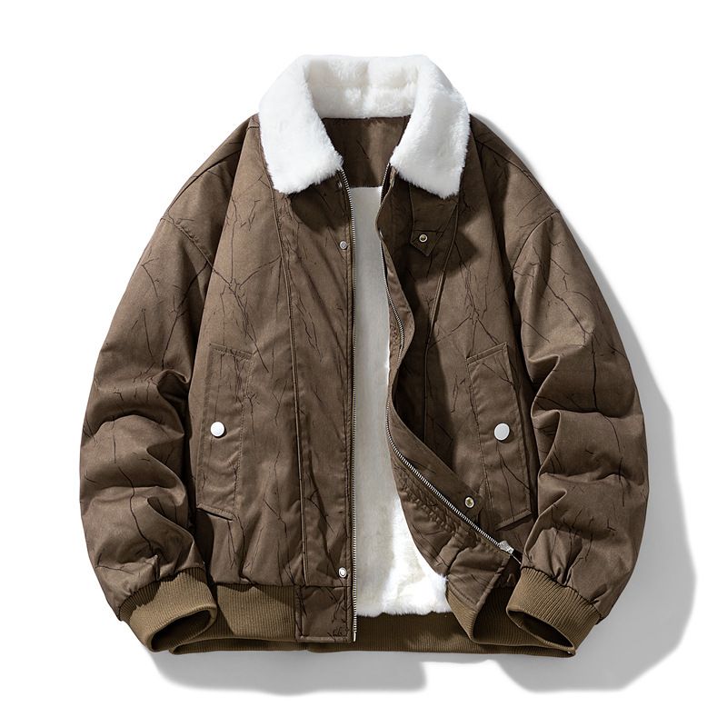 Faux Fur Collar Jacket – Unisex Winter Coat With Thickened Polyester For Streetwear & Campus Style_viptrois.com
