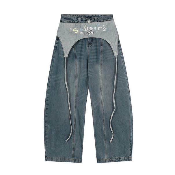 American Style Embroidered Waistband Flap Jeans Unisex Loose Street Fashion Ins Wide Leg Scimitar Pants_viptrois.com