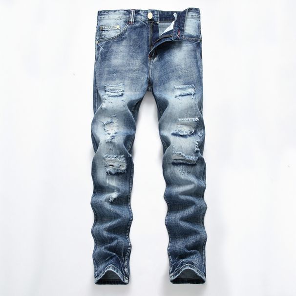 Loom Cross-Border Exclusive Foreign Trade Ripped European And American Fashion Slim Fit Trendy Straight Men's Jeans_viptrois.com
