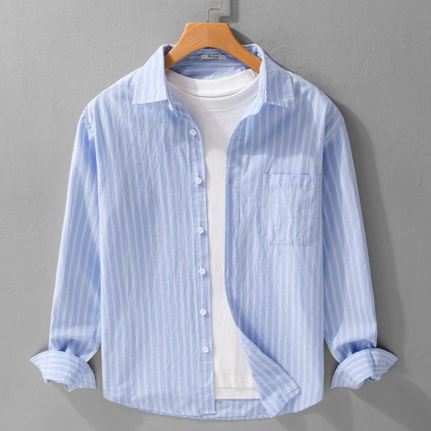 Autumn Men's Striped Simple Long Sleeved Shirt, Classic Casual Loose And Trendy Youth Versatile Men's Shirt_viptrois.com