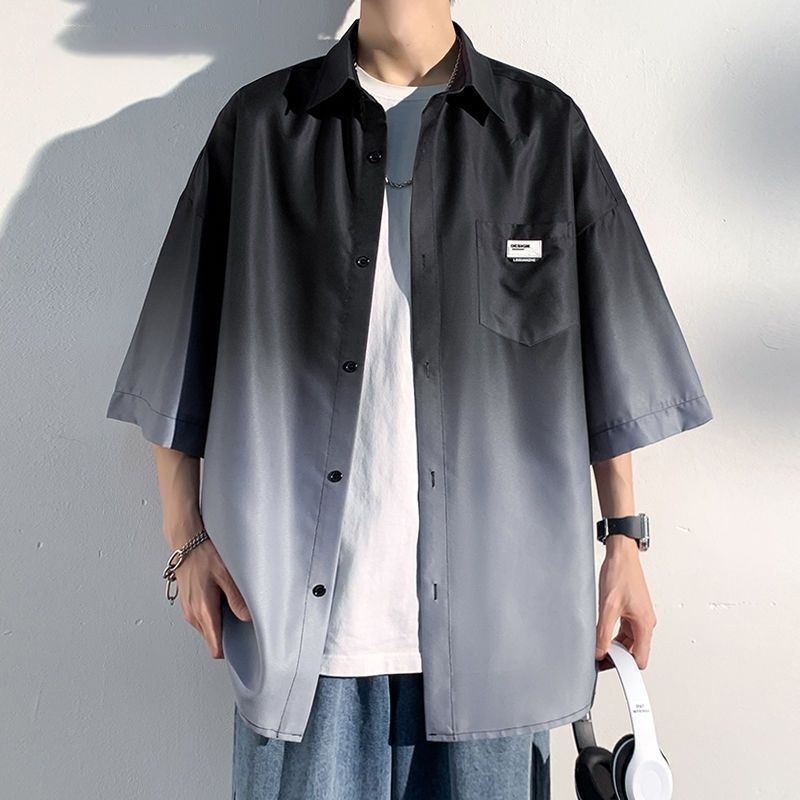 Men's Ombre Short Sleeve Shirt - Summer Casual Workwear Shirt With Ice Silk Feel (M-3XL, Quick-Dry Polyester Blend, Relaxed Fit)_viptrois.com