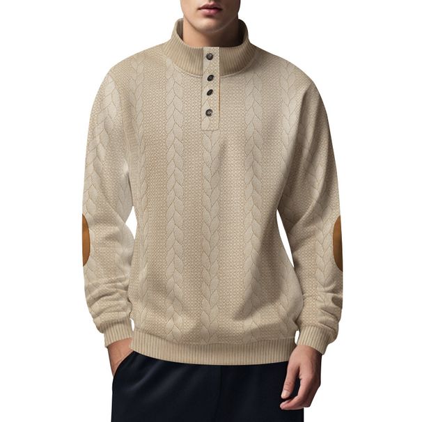 Men's Heavy Jacquard Henley Sweatshirt - American Vintage Stand Collar Button Placket, Long Sleeve Thermal Pullover For Autumn & Winter_viptrois.com