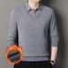 Autumn Winter Fleece Lined Thickened Turn-down Collar Two-piece Men's Business Casual Warm Base Loose Striped Polo_viptrois.com