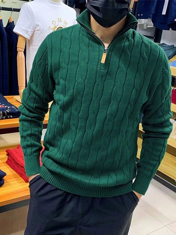Men’s Semi-Zip Knit Sweater – Lightweight Business Casual Pullover With Cable Stitch (Olive/Navy/Beige, M-3XL )_viptrois.com