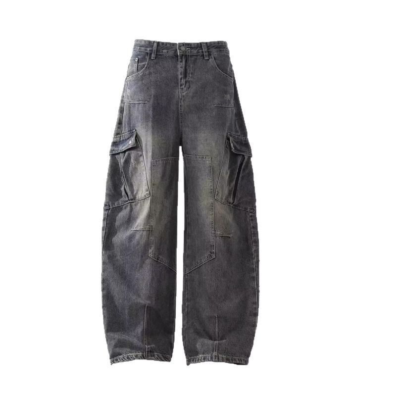 Men's Clothing Heavyweight Patchwork Washed Distressed Scimitar Jeans For Men With Multiple Pockets Wide Leg Loose Overalls_viptrois.com