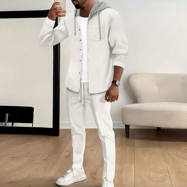 Cross-Border European And American New Waffle Sleeve Long Pants Two-Piece Set Hooded Casual Sports Solid Color Suit_viptrois.com