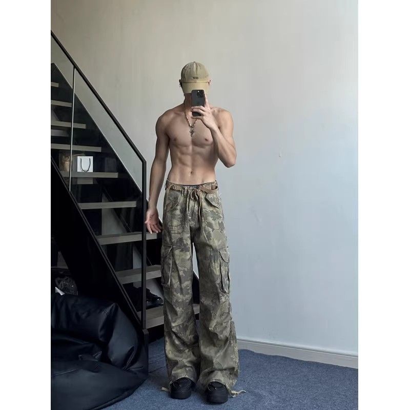 American Style Camouflage Men's Autumn Hip-Hop Loose Straight Jeans Cargo Parachute Pants_viptrois.com